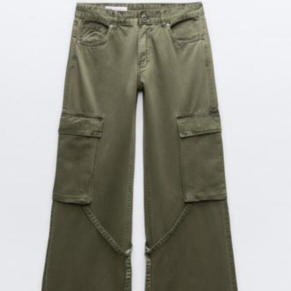 ZARA MID-RISE TRF CARGO JEANS Olive  NWTG - Picture 1 of 4